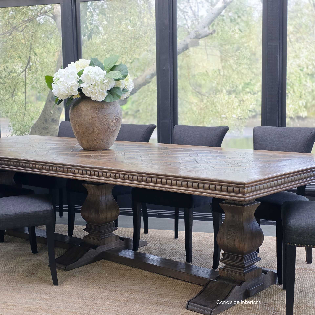 Full dining room scene with Berenson 320cm banquet table in Cigar finish.