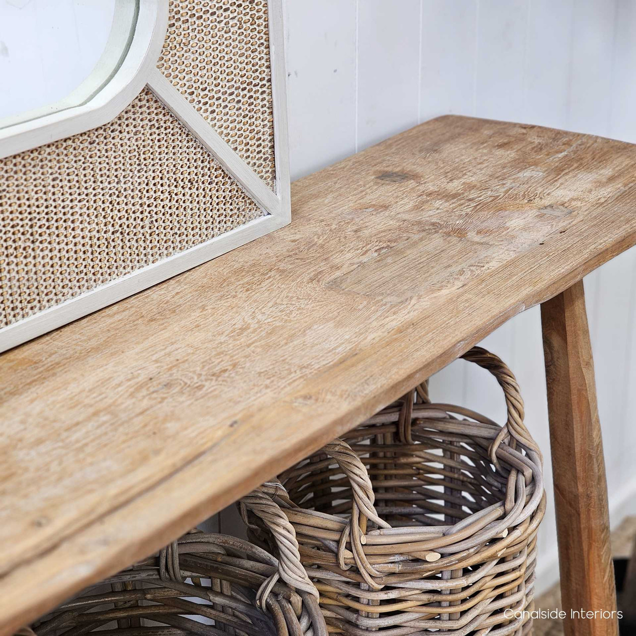 Close-up of the Vintage Teak Console’s surface with natural light, emphasising its raw beauty and unique variations.