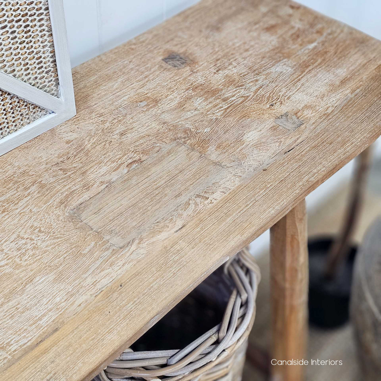 Top-down view of the Vintage Teak Console, showcasing the rich teak texture and hand-finished details.