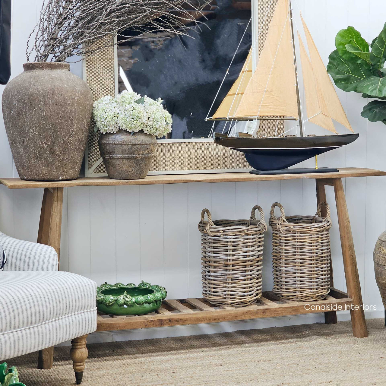 Back view of the Vintage Teak Console, featuring its seamless design and raw, authentic woodgrain.