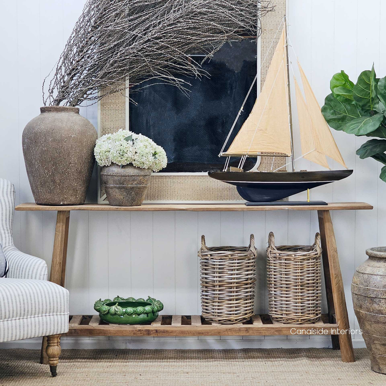 Front-facing close-up of the Vintage Teak Console’s structure, showcasing its durable and refined design.