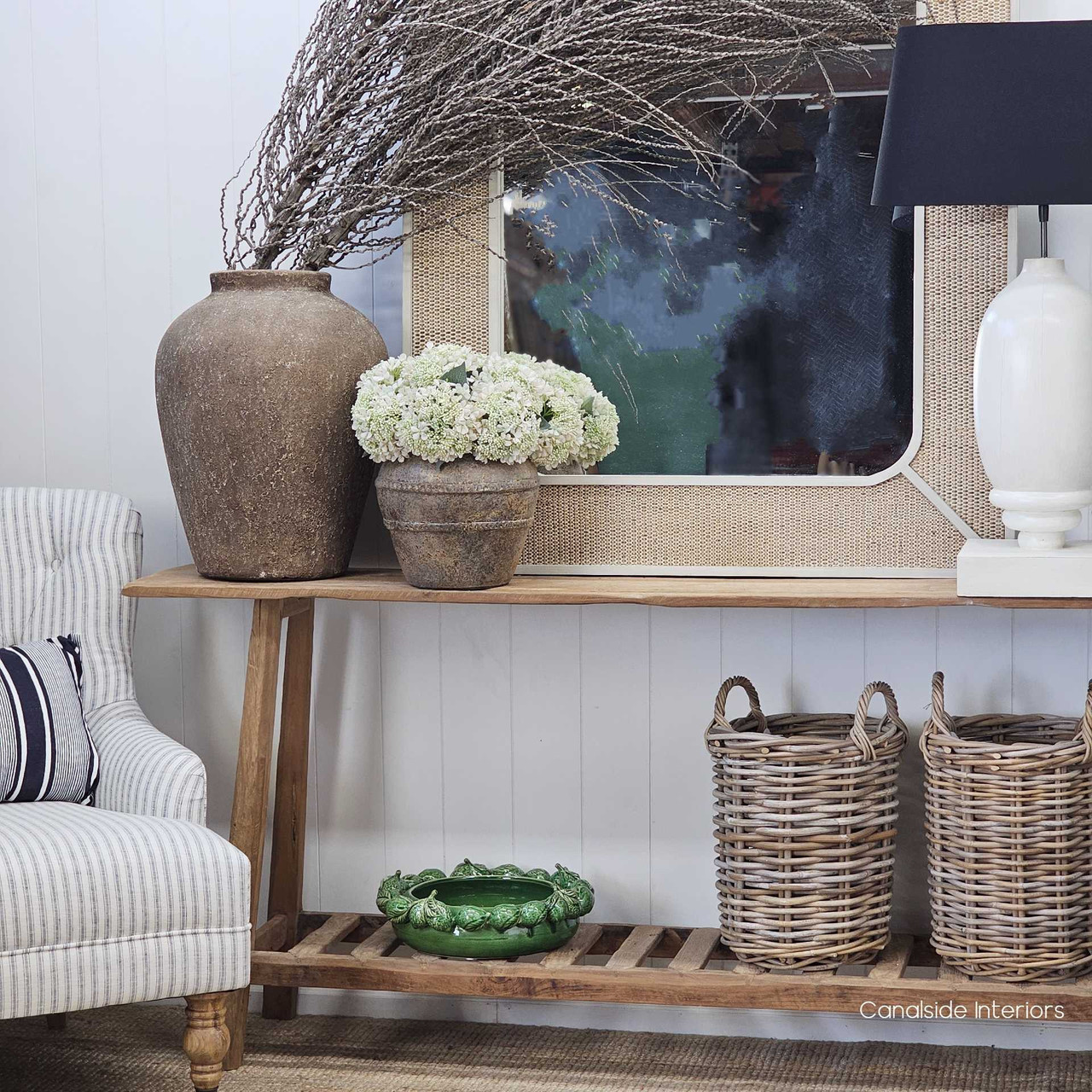 Side profile of the Vintage Teak Console, displaying its slim silhouette and sturdy craftsmanship.