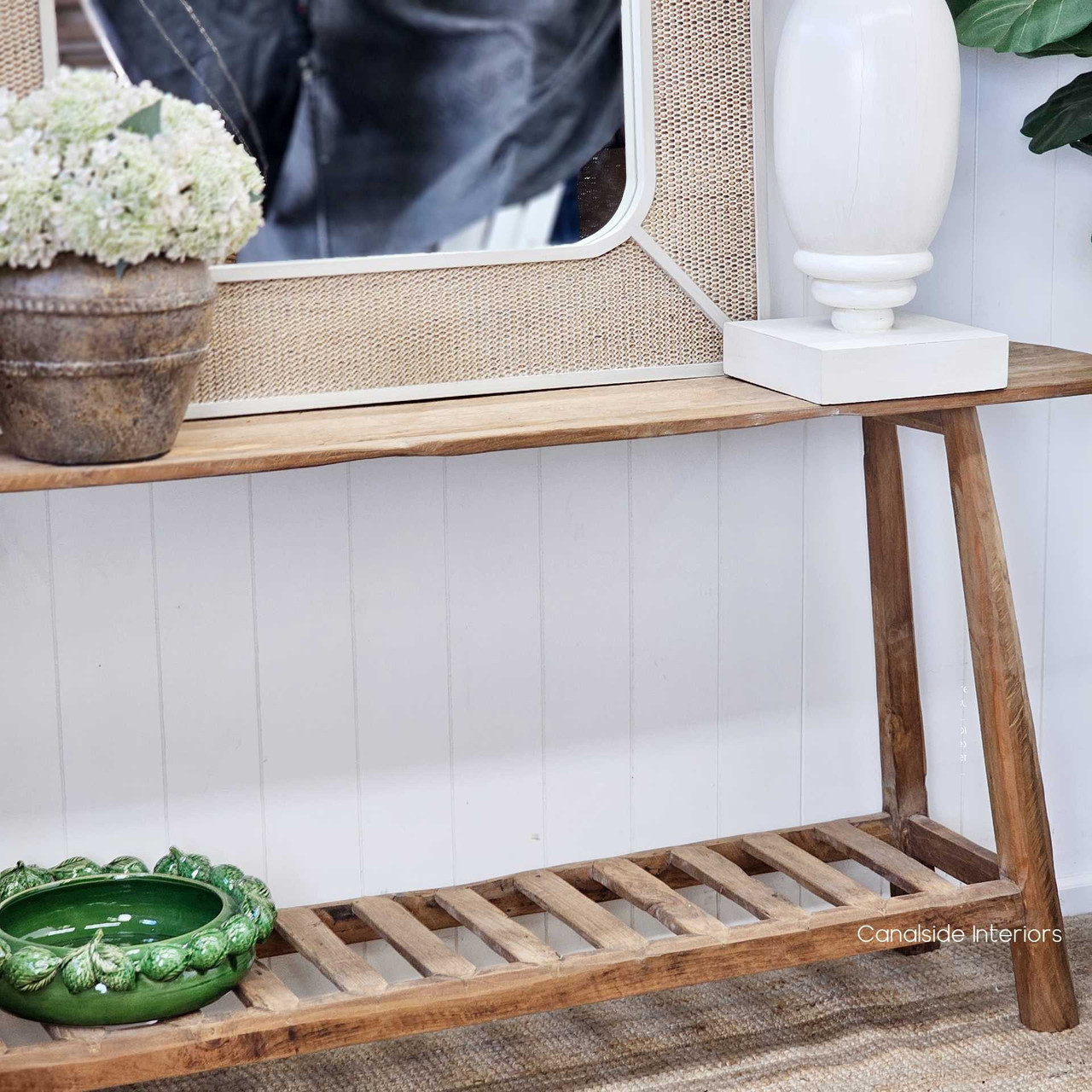 Detailed shot of the Vintage Teak Console’s joinery, emphasising its expert construction and authentic appeal.
