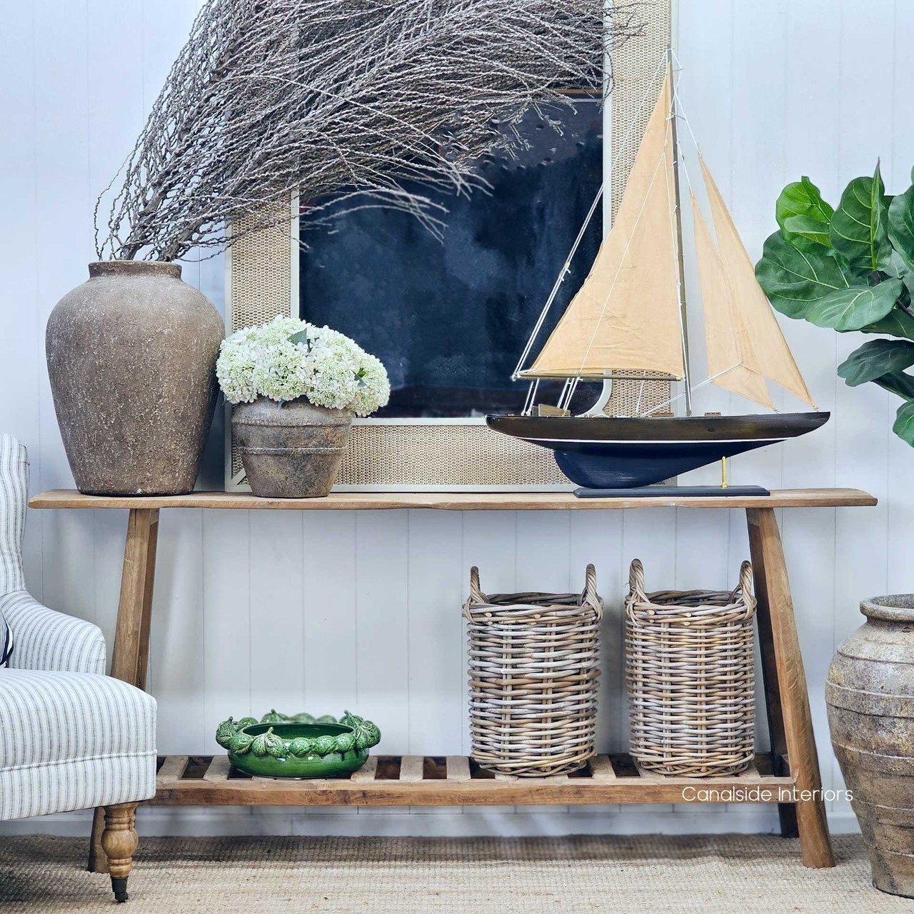 Understated elegance of the Vintage Teak Console in a neutral setting, highlighting its versatility.