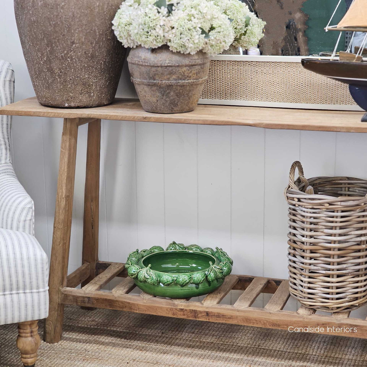Low-angle view of the Vintage Teak Console, emphasising its clean lines and timeless appeal.