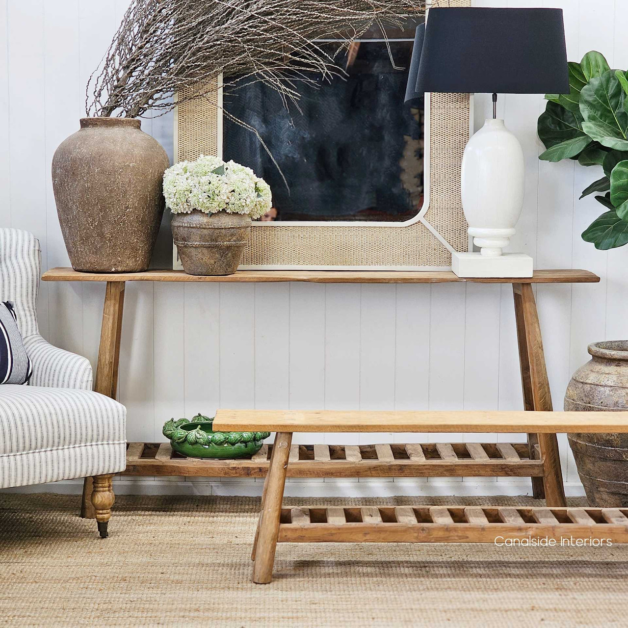 Front view of the Vintage Teak Bench with Teak Console showcasing its solid teak construction, natural wood grain, and rustic charm.