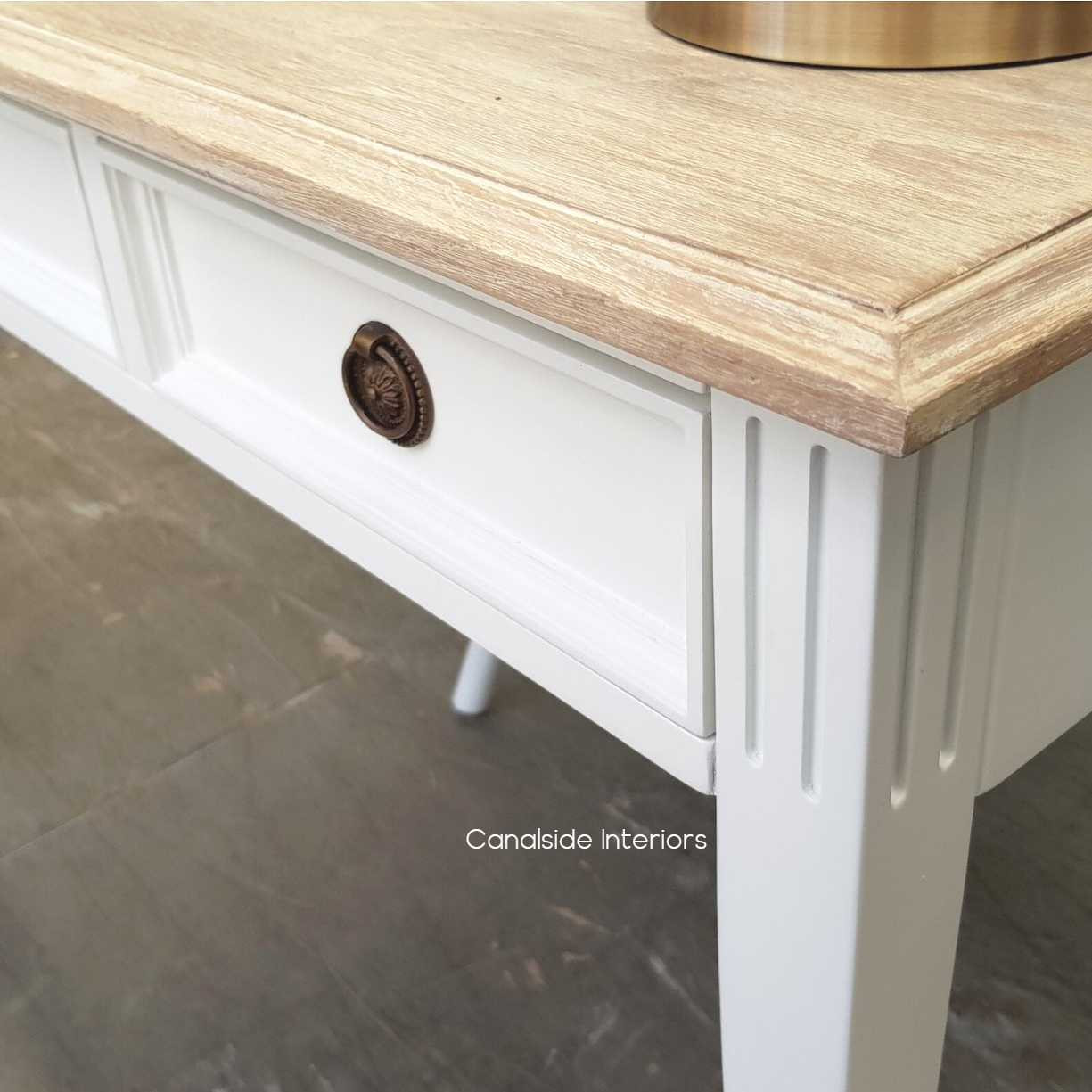 Close-up detail of the minor distressing and limewash top, emphasizing the traditional craftsmanship and timeless style.