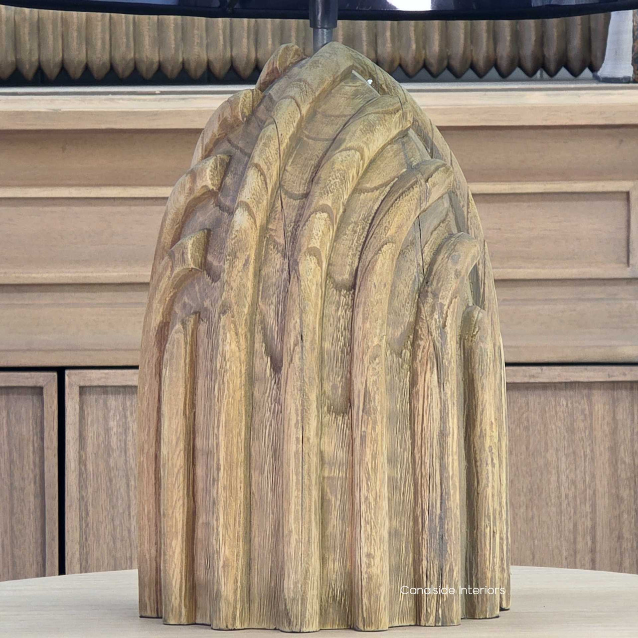 Margaux table lamp styled on a console with decorative objects