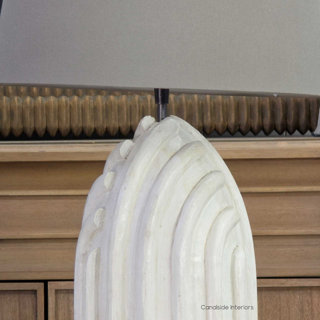 Sculptural Margaux lamp in soft off-white distressed timber finish