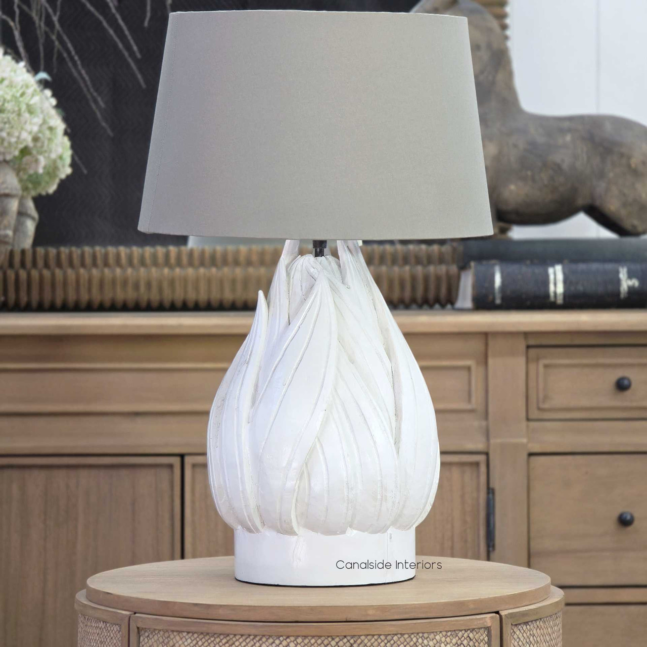 Fern Bay wooden lamp with taupe shade styled in coastal living room