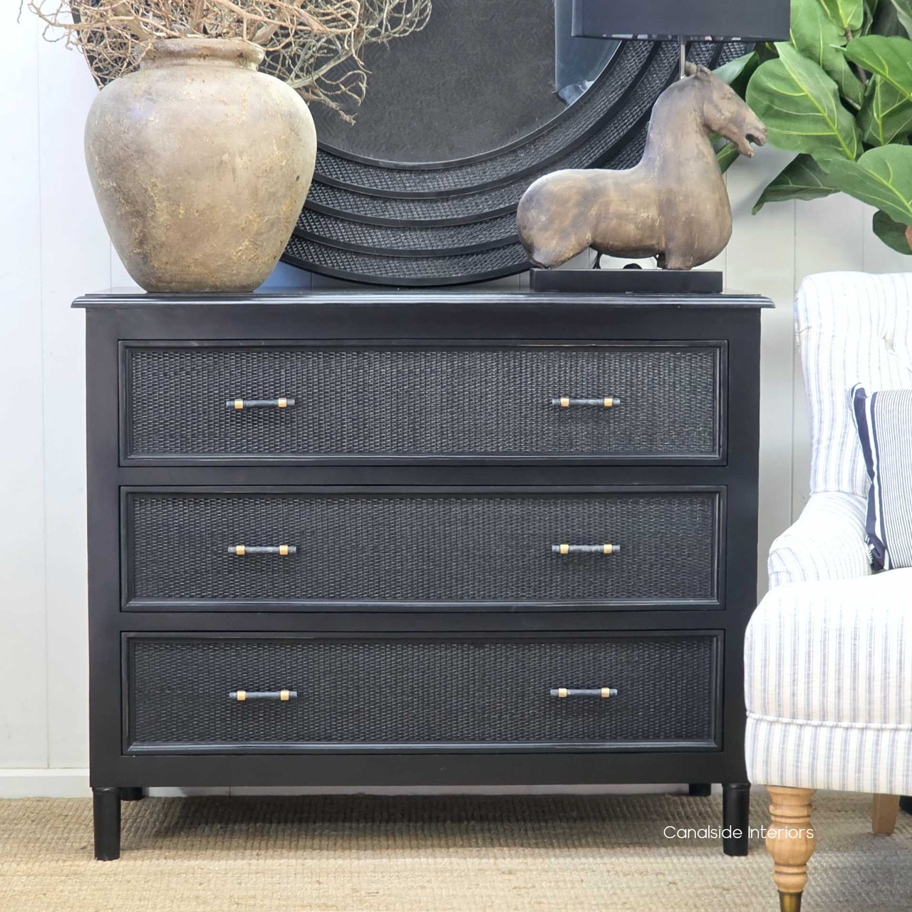 Front view detailing the woven rattan drawer front on the Brielle Rattan 3 Drawer Chest – Black showing natural fibre texture and craftsmanship.