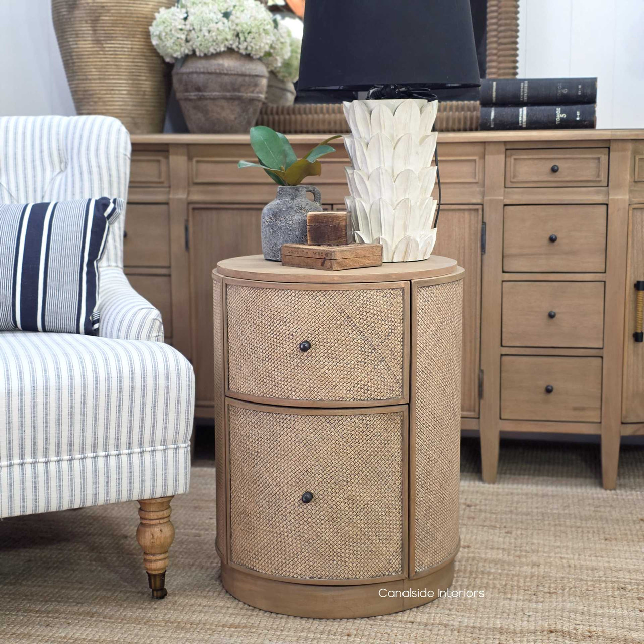 Minimalist setting featuring the Langston Rattan Side Table, highlighting its ability to complement modern, coastal, and Hamptons-style interiors.