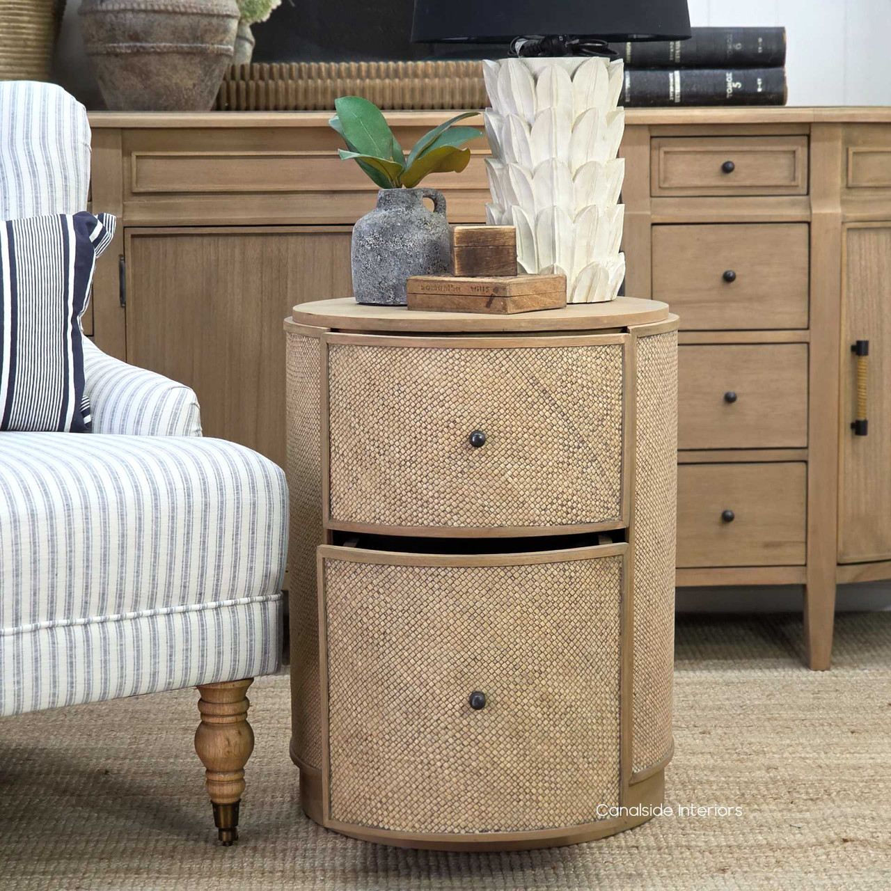 Open drawer view of the Langston Rattan Side Table, demonstrating its spacious storage and smooth sliding mechanism.