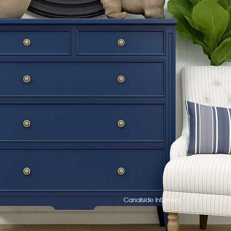 Peninsula Navy Blue 5 drawer chest with antique-style brass handles and refined craftsmanship.
