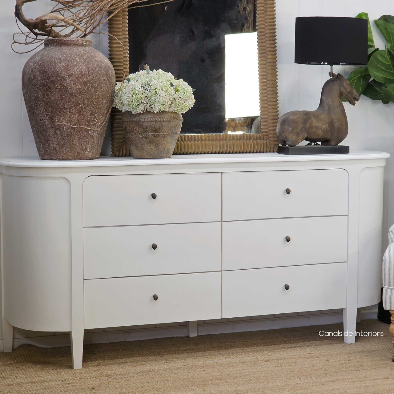 Three-quarter angled shot of the Creemore Chest in White emphasising the softened edges and refined painted finish.