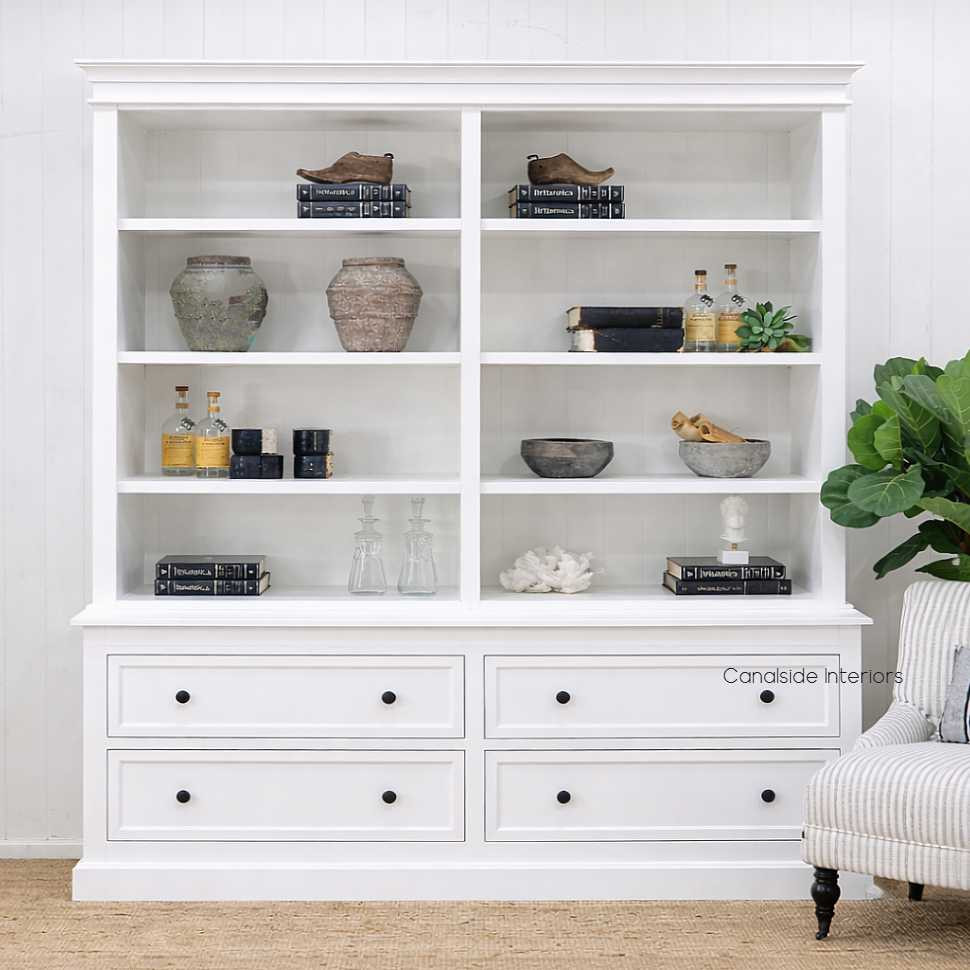 Front view of the Grange Wall Unit with Drawer in white, showcasing its elegant symmetry and clean lines.