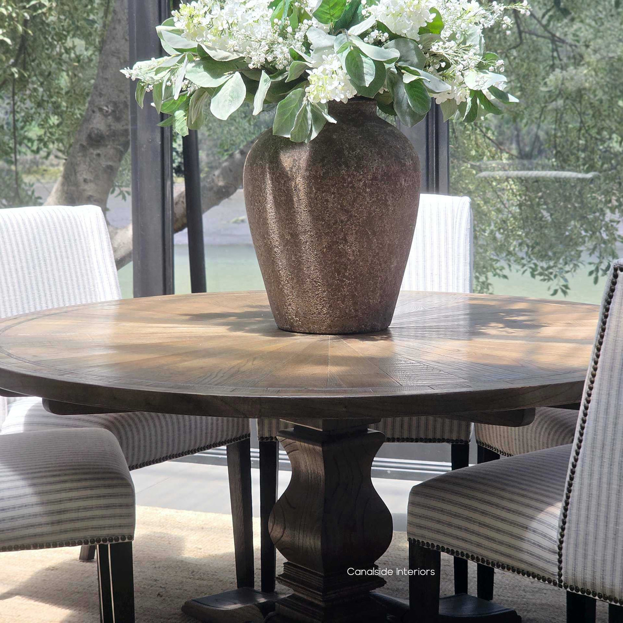 Danbury Oak Parquetry Round Dining Table in Espresso finish, showcasing a hand-crafted radial parquet top with softly weathered patina and sculpted pedestal base.