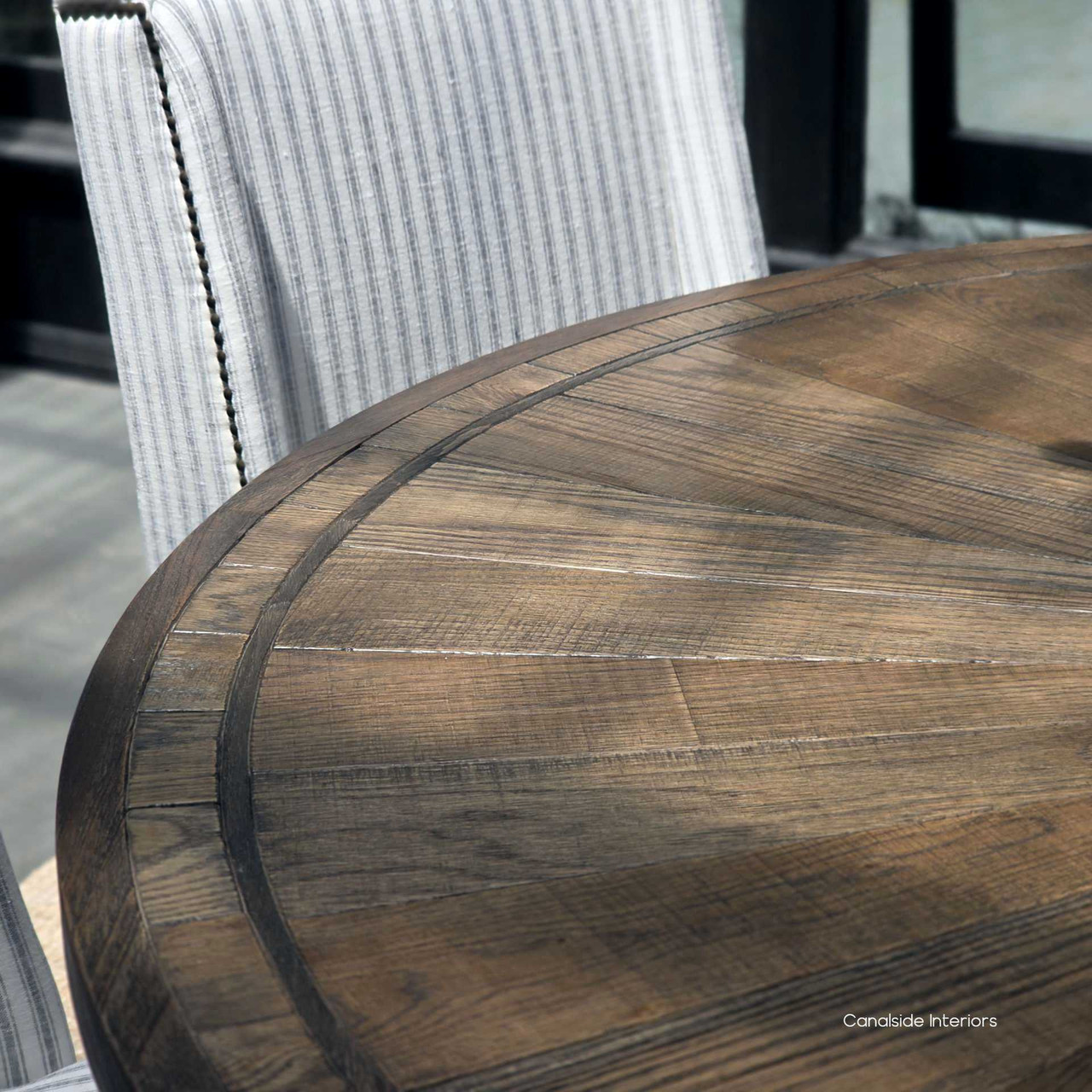 Close-up of the Espresso oak parquetry tabletop, revealing the rich grain detail and artisanal hand-laid pattern of the Danbury dining table.