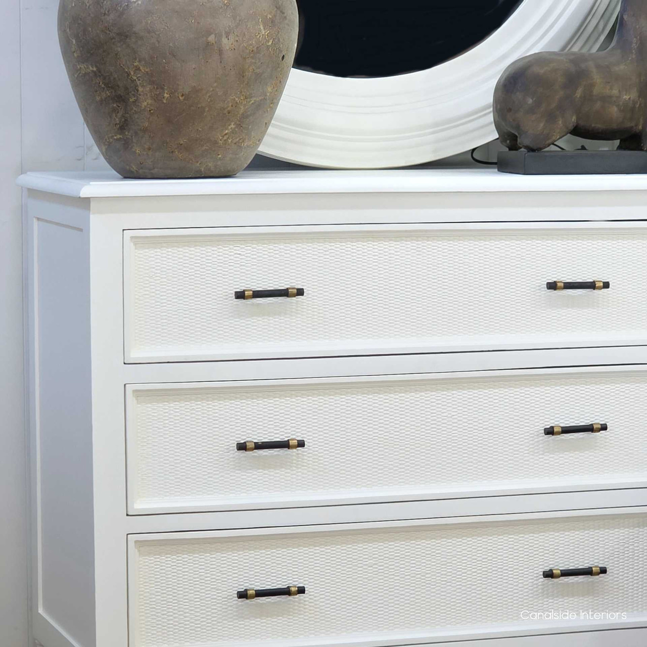 Detailed close-up of the woven rattan drawer front on the Brielle Rattan 3 Drawer Chest – White showing natural fibre texture and craftsmanship.