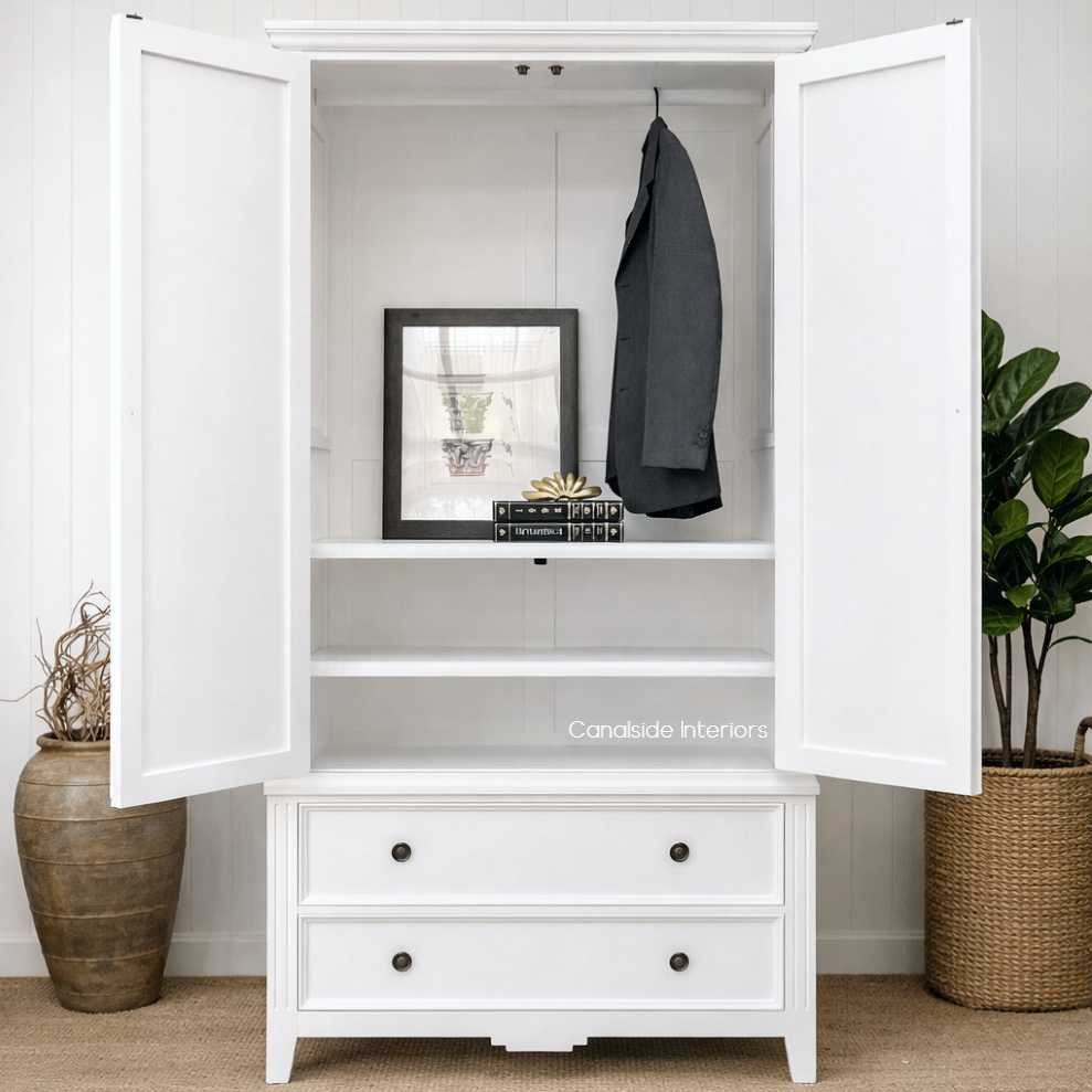 Front angle of the Peninsula 2 Drawer Wardrobe in distressed white,  with doors open revealing extensive storage