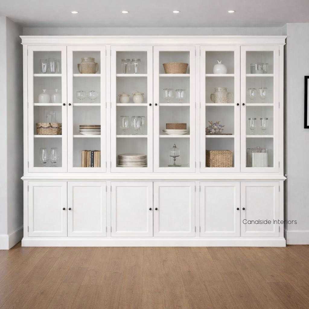 Front elevation of the custom made Grange 6 Glass Door Display Wall Unit in white with glass display cabinets and lower cupboards.