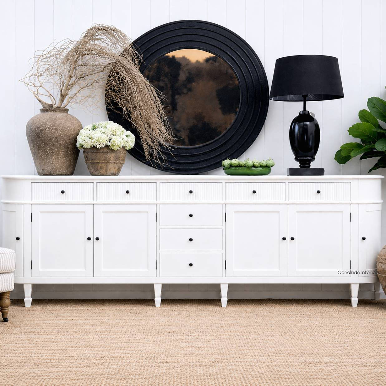 Front view of the Louis Curved 300cm Sideboard, showcasing its elegant curved design and ribbed fluting details.