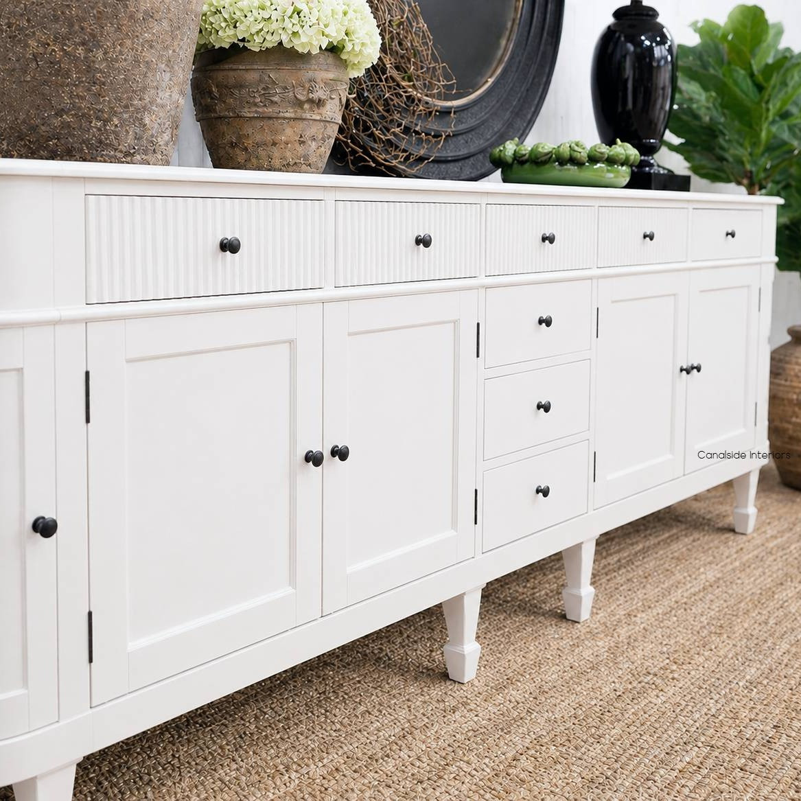 Angled view of the Louis Curved 300cm Sideboard, perfect for Hamptons style interiors