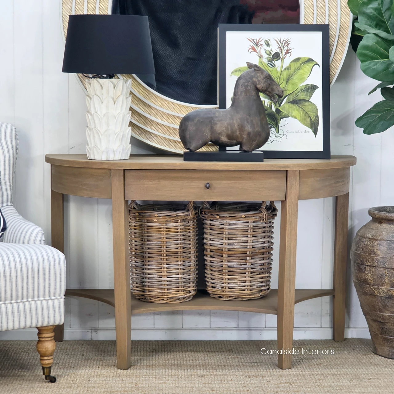 Luna half moon console table with drawer and open storage shelf in a natural timber finish