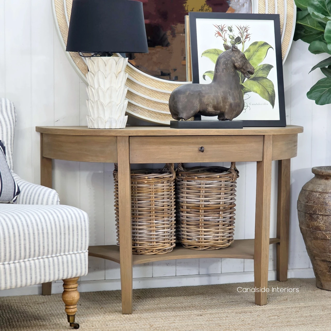 Luna Demilune Console Table front view showcasing its half-moon design, central storage drawer and timeless timber detailing.