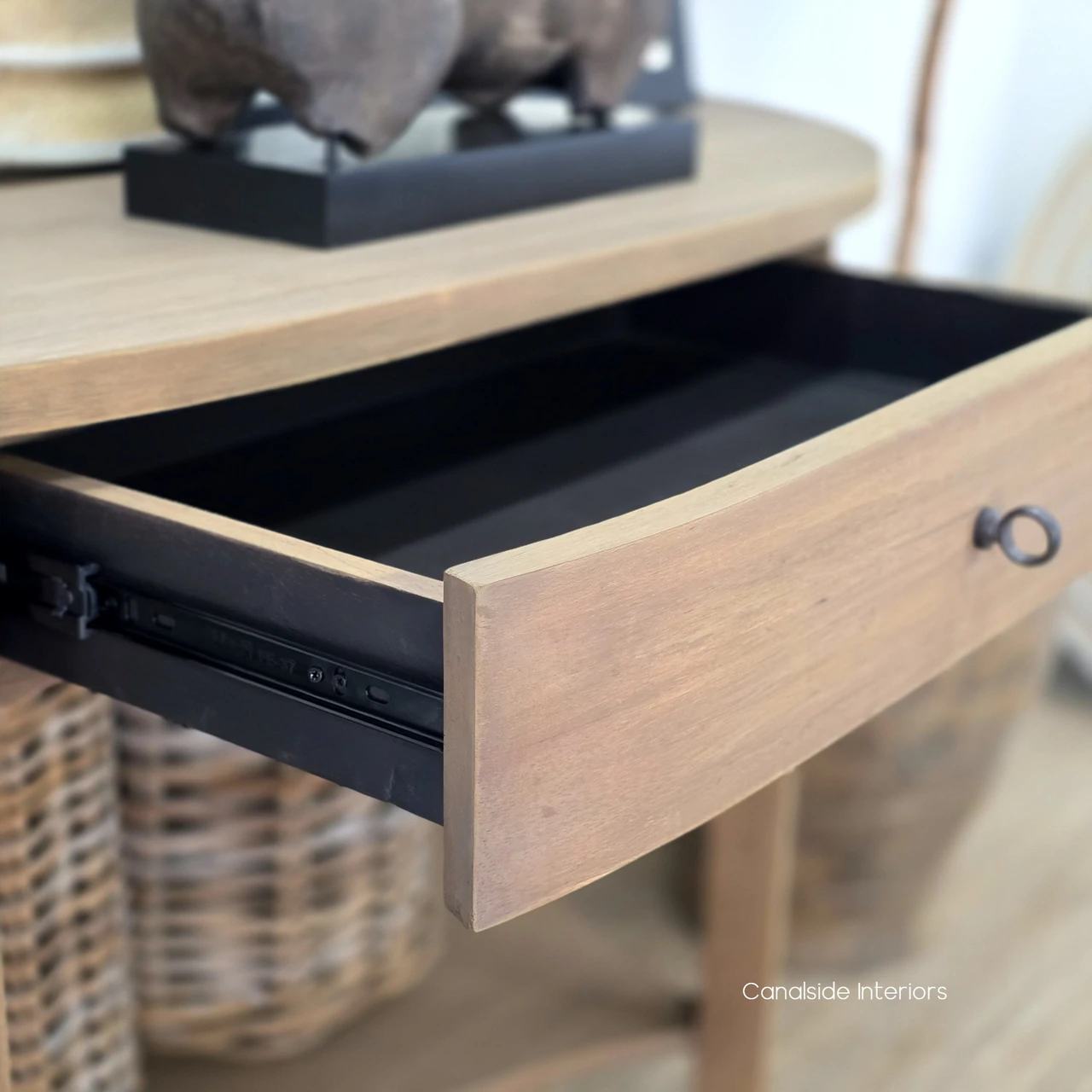 Detailed view of the Luna Demilune Console Table drawer front highlighting its simple design and decorative round knob.
