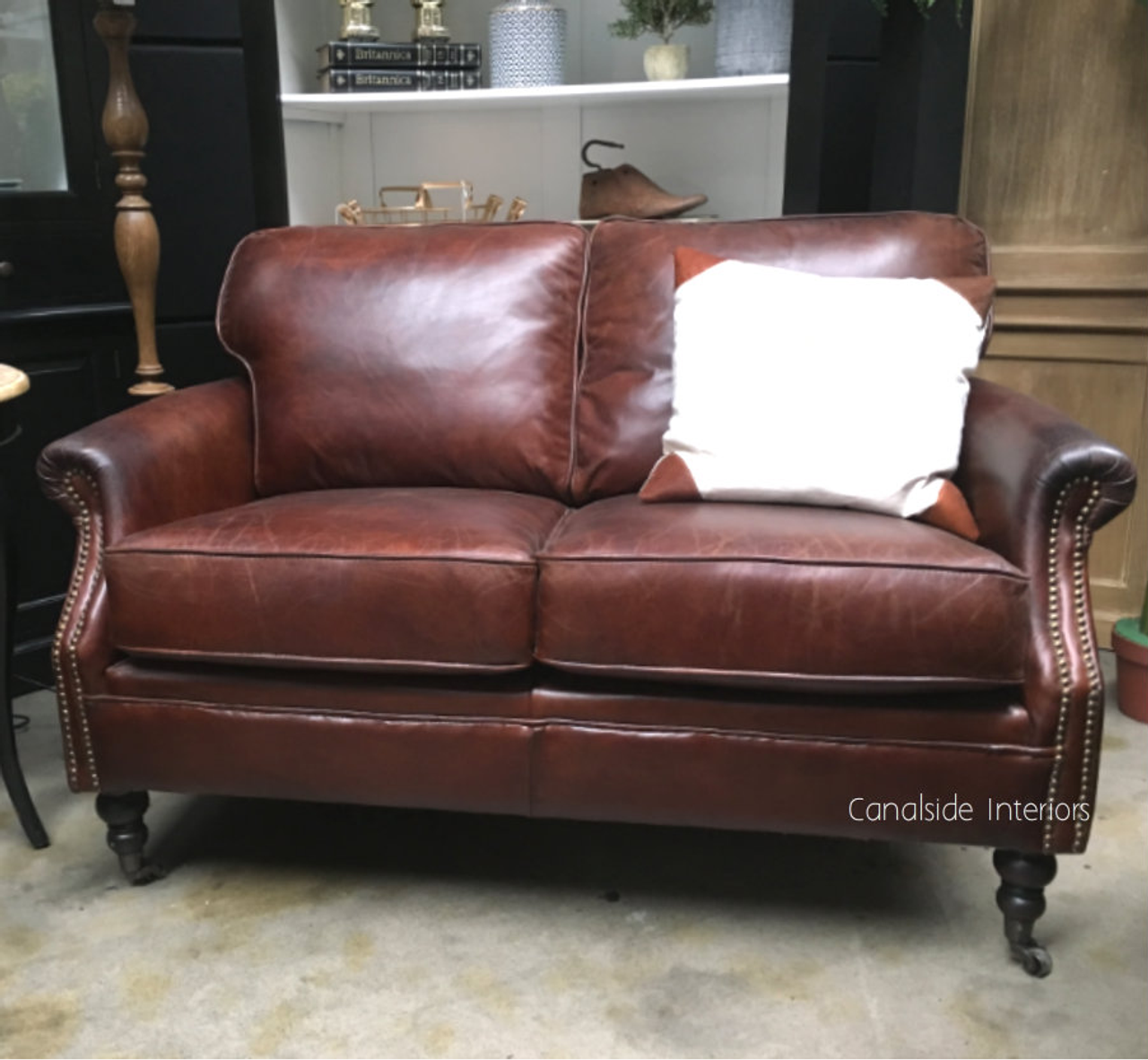 Newport Aged Leather 2 seater in Rich Brown, perfect for a classic Hamptons-style living room, by Canalside Interiors