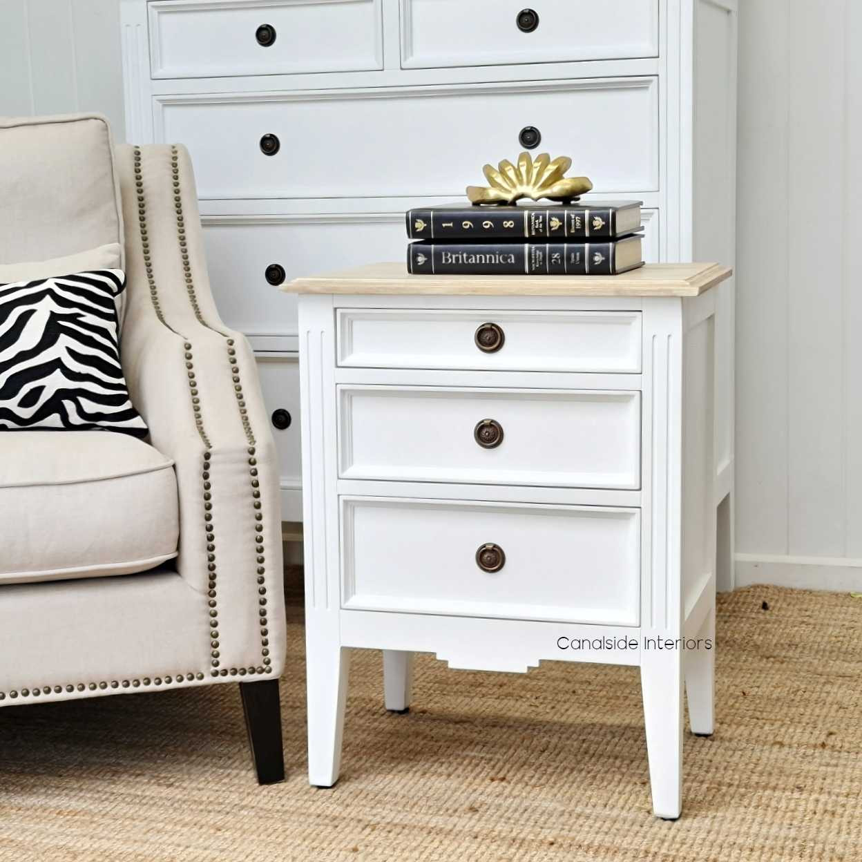 View of the Peninsula Bedside Table, capturing its sleek design and timeless appeal for modern and traditional interiors.