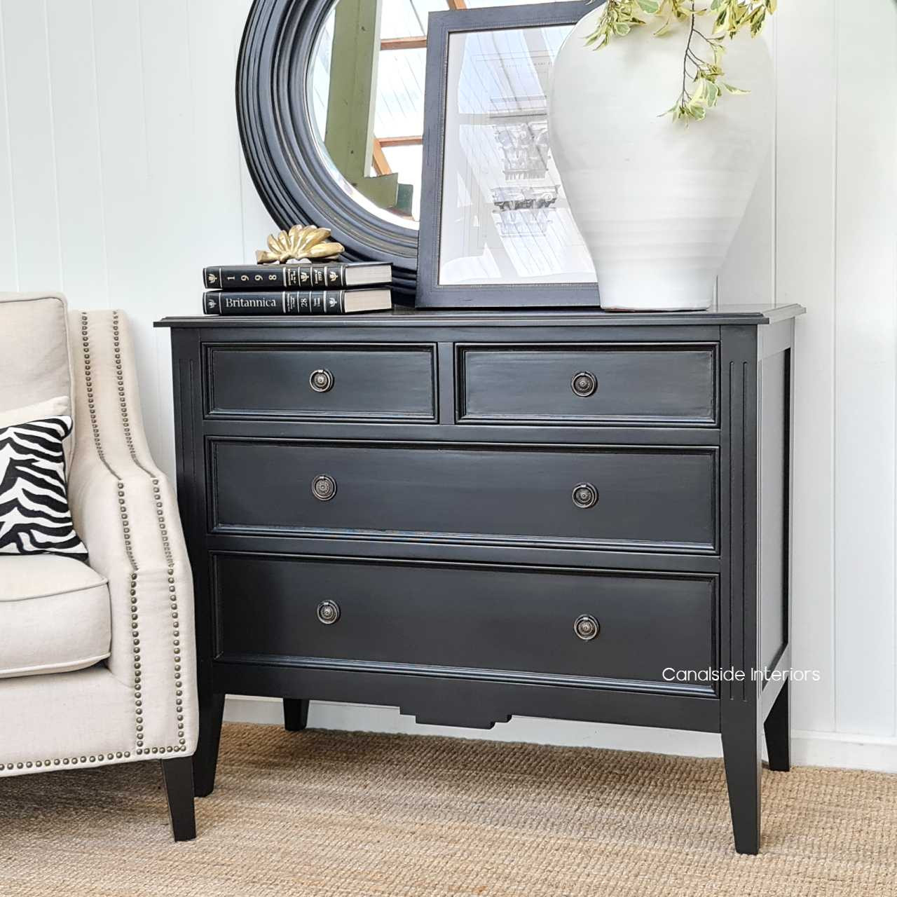 Angled shot highlighting the sleek straight lines and timeless design suitable for Hamptons and coastal decors.