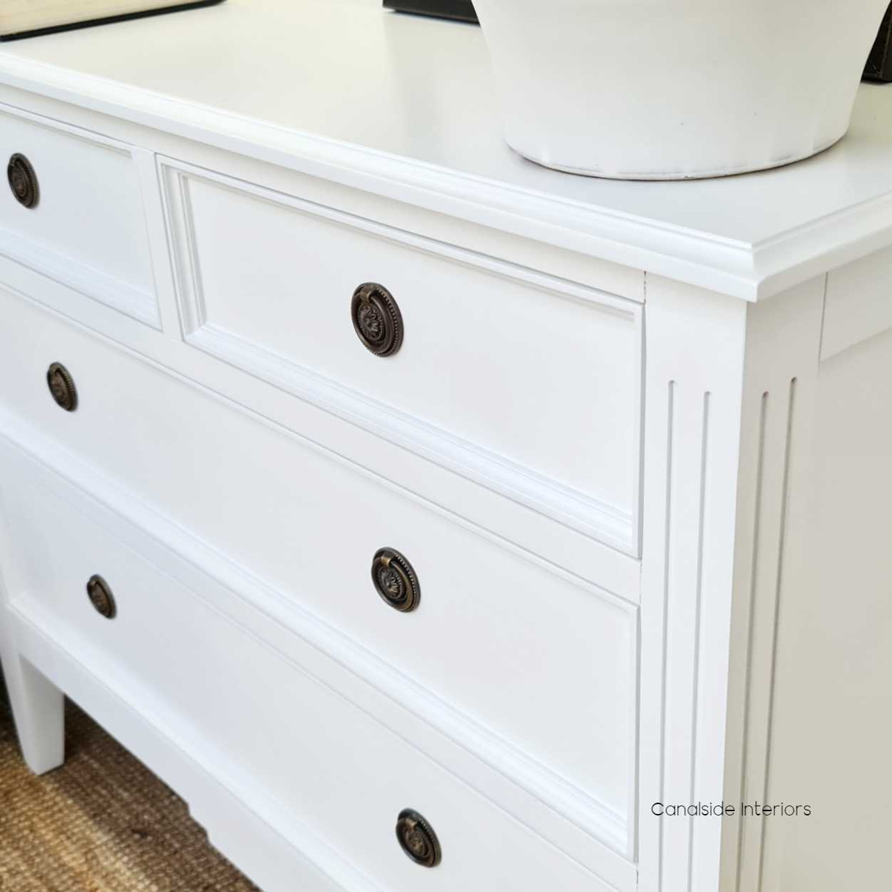 Side view capturing the straight lines and refined profile of the chest, suitable for both modern and country interiors.