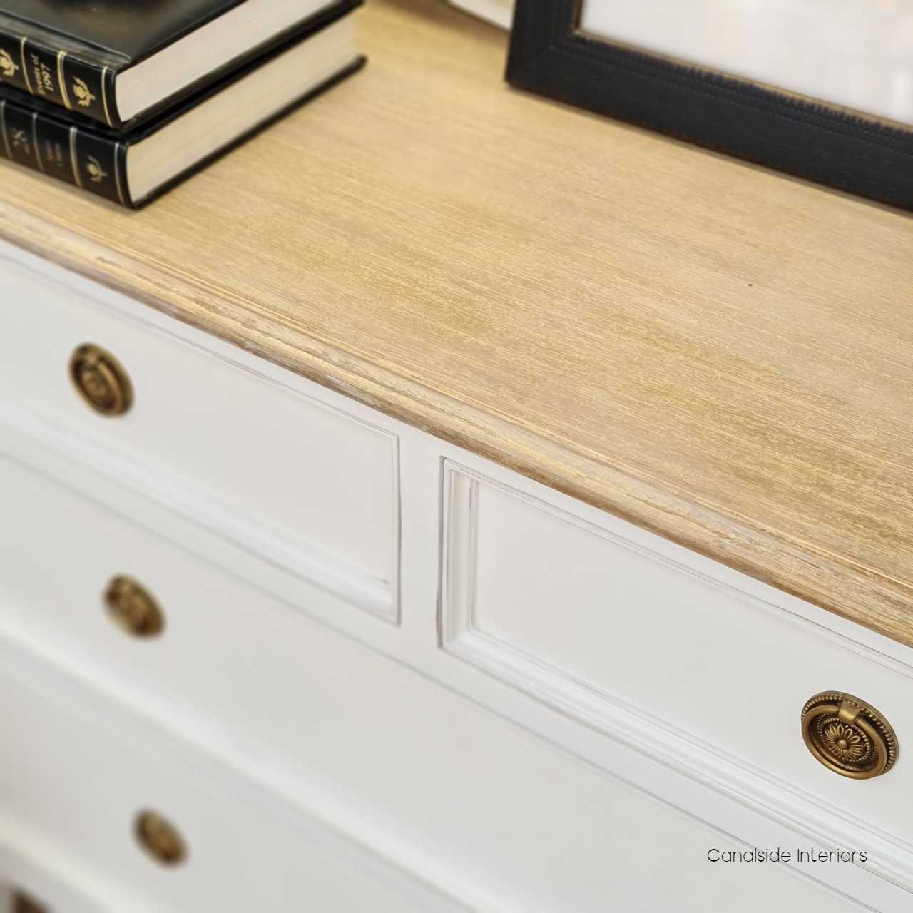 Close-up showcasing the chest's minor distressing and limewash top, adding character and a touch of traditional craftsmanship.