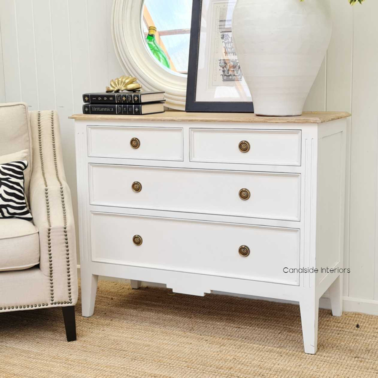 Angled shot illustrating the seamless integration of the chest in a Hamptons-style space enhancing coastal vibes.