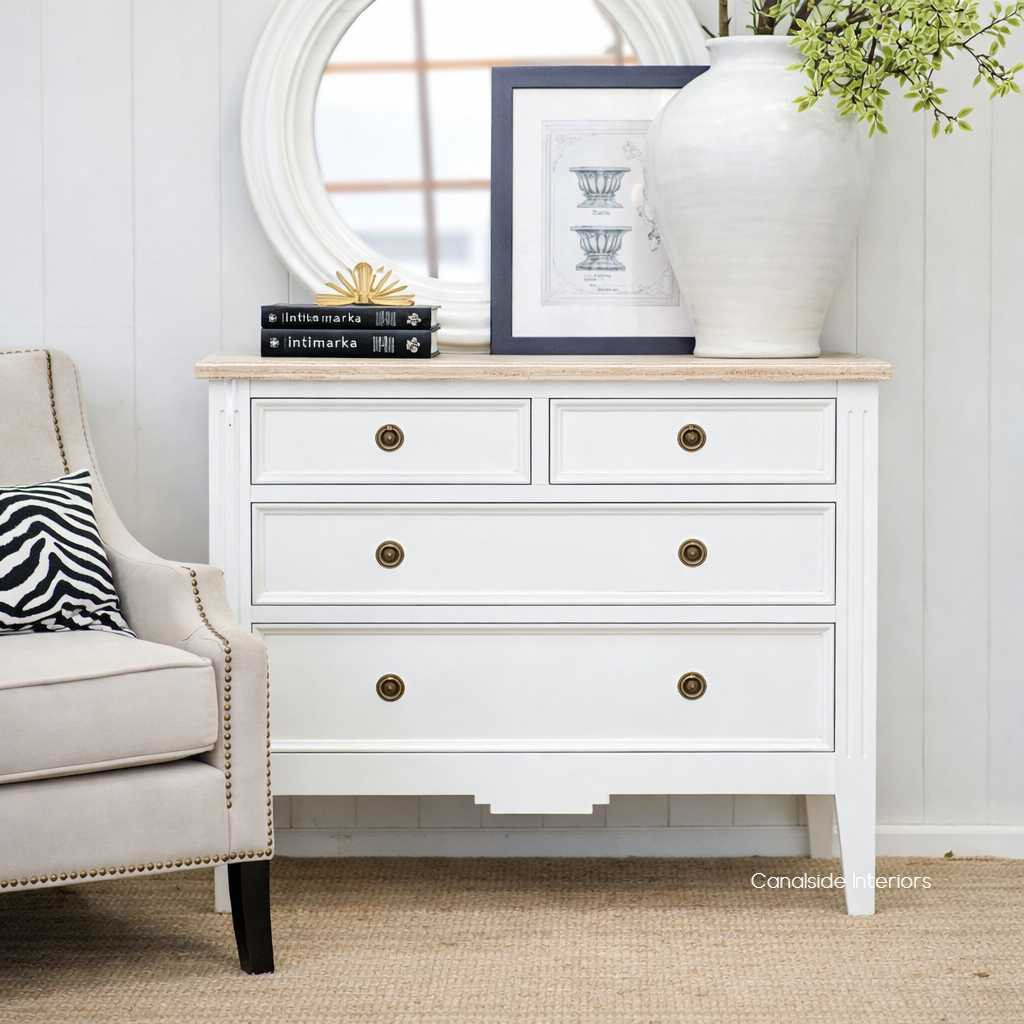 Front view of the Peninsula 4 Drawer Chest in white with limewash top, embodying understated elegance for sophisticated interiors.
