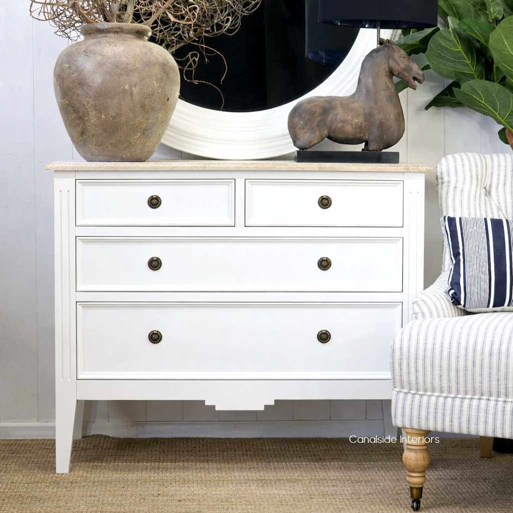 Straight on view of the Peninsula 4 Drawer Chest in white with limewash top, embodying understated elegance for sophisticated and hamptons interiors.