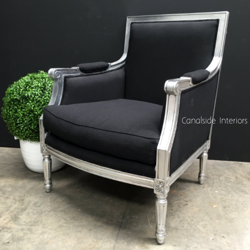 Jacob Bergere Armchair Silver with Black Charcoal Upholstery