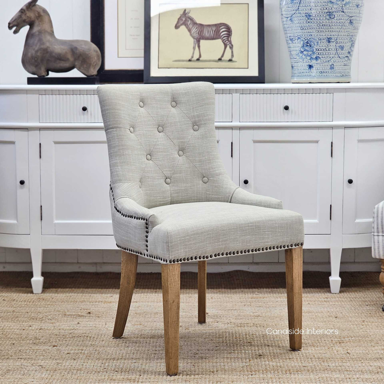 Bennet Dining Chair, Timeless Beauty with Tufted Backrest and Brass Accents, Front Angle