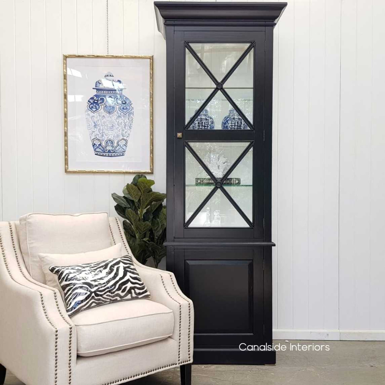 Elegant South Hamptons Display Unit in black with a white interior adds a modern, yet coastal feel to Canalside Interiors' collection