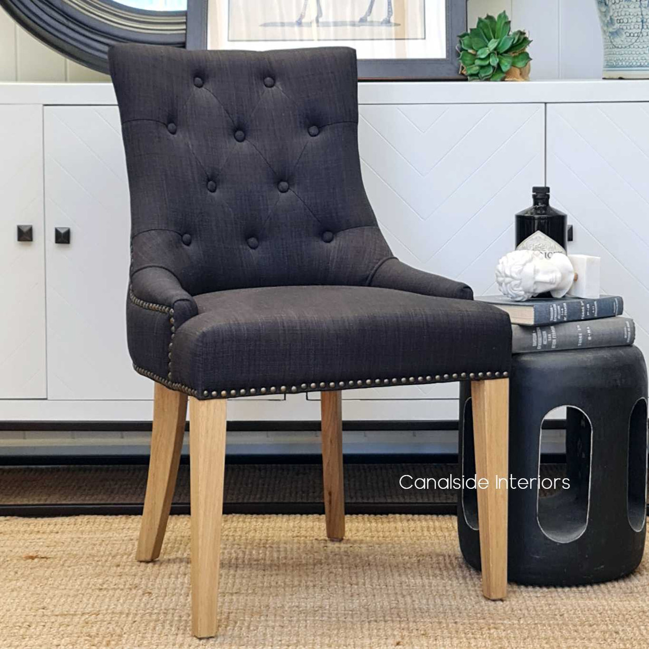 Bennet Button Back Upholstered Dining Chair Black Charcoal  FRENCH  FURNITURE, CHAIRS, HAMPTONS Style, PLANTATION Style, CHAIRS Dining