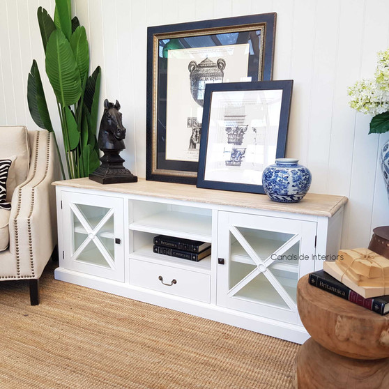 The South Hamptons TV Unit, white with a limewash top, combines functional elegance with coastal flair in your living room - Canalside Interiors