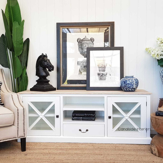 The South Hamptons TV Unit, white with a limewash top, combines functional elegance with coastal flair in your living room - Canalside Interiors