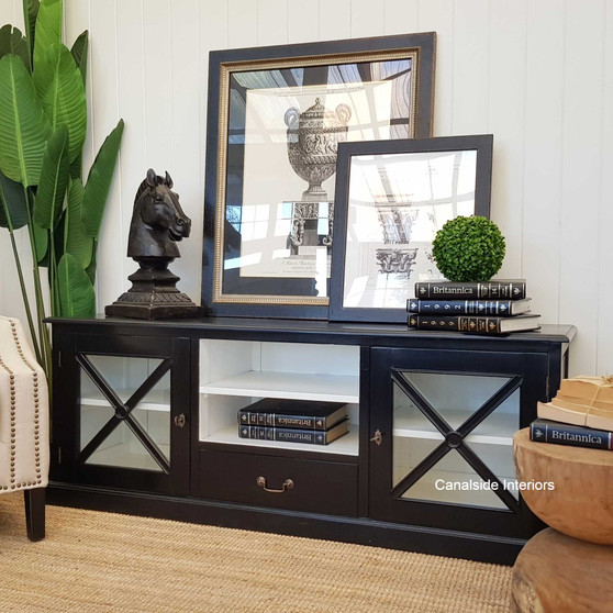 The South Hamptons TV Unit in black with a white interior from Canalside Interiors anchors your living room with its modern coastal design