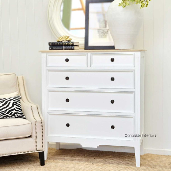 Frontal view of the Peninsula 5 Drawer Tall Chest, showcasing its crisp white finish with a contrasting limewash top, ideal for sophisticated interiors.