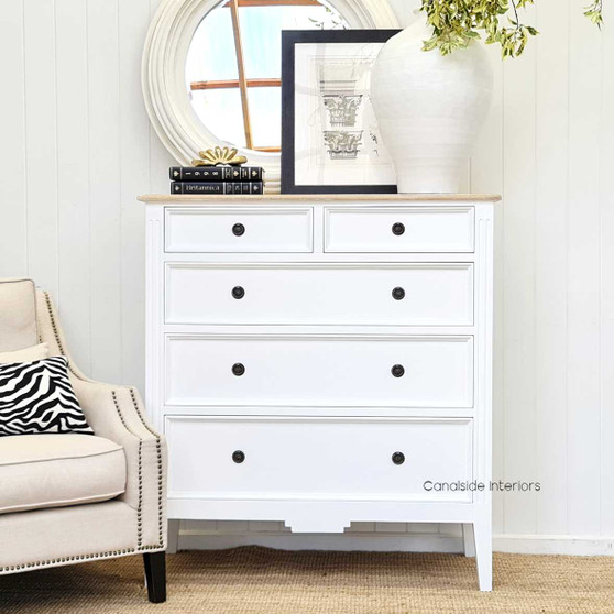 Frontal view of the Peninsula 5 Drawer Tall Chest, showcasing its crisp white finish with a contrasting limewash top, ideal for sophisticated interiors.