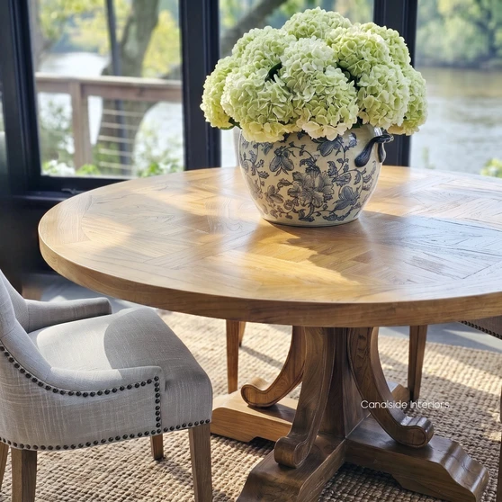 Natural recycled timber Artisan Parquetry Round Dining Table with handcrafted parquetry top and carved pedestal base