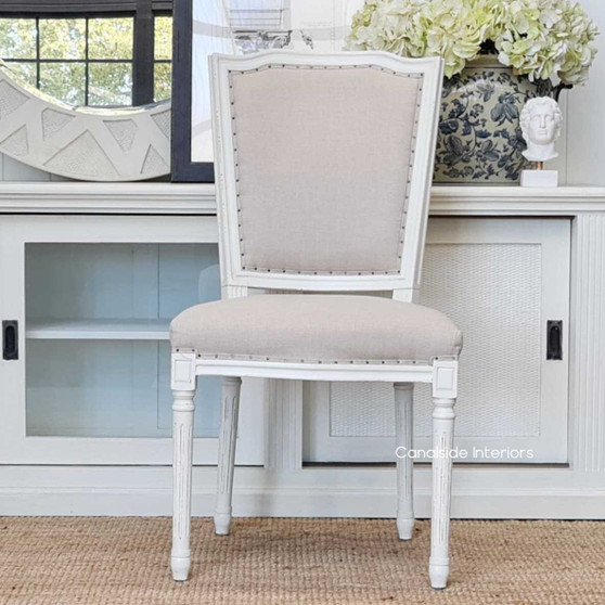 Stark Dining Chair Distressed White with cream upholstery  FRENCH  FURNITURE, CHAIRS, HAMPTONS Style, PLANTATION Style, CHAIRS Dining