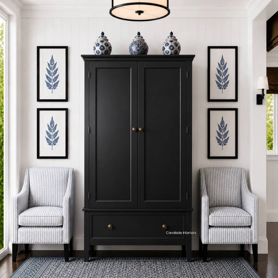 Front view of the Peninsula Wardrobe in black in situ in a hamptons home, showcasing its classic elegance and suitability for Hamptons-style interiors.